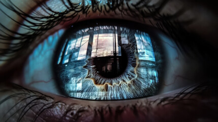 Naklejka premium Intricate close-up of an eye reflecting vibrant digital imagery and colors in a creative display of human and technology interaction