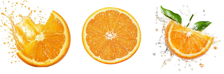 Set of A perfectly cut orange slice in mid-air, surrounded by a burst of water droplets on transparent png background. Ai generated