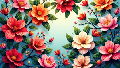 Intricate floral pattern, vibrant colors, lush blooms, spring, illustration