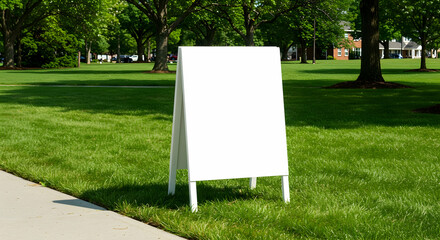Blank White Outdoor Advertising A Frame Sign Stand Mockup in Green Park Campus Setting Display Advertisement