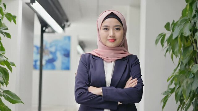 A smiling young muslim businesswoman with a beautiful smile stands outdoors in the office