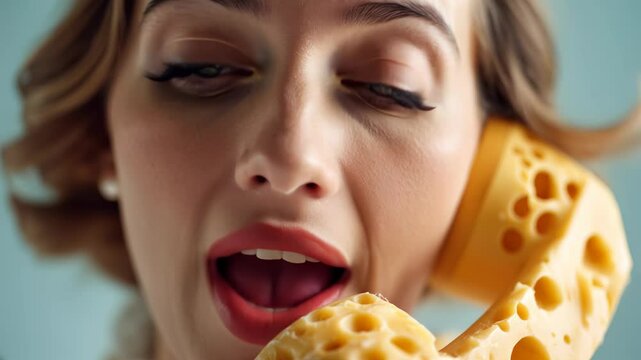 Woman holding cheese phone handset and smiling close-up. concept of playful food art and creative communication