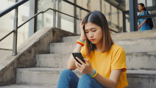 A smiling woman with a mobile smartphone texts a message while sitting on the stairs