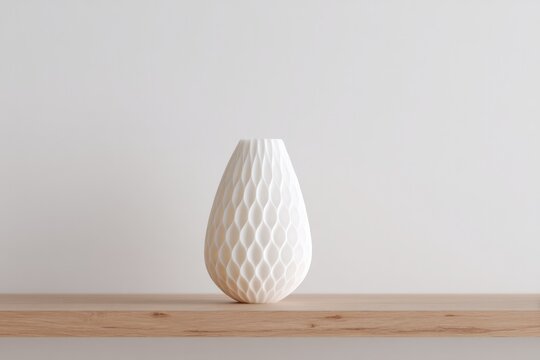 modern 3d printed vase stands lone on minimalist wooden shelf