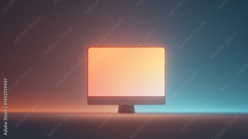 Fototapete modern computer sits on desk with vibrant neon background surrounded by minimal elements