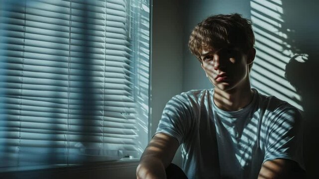 A young man with a worried face sitting near a window casting shadow