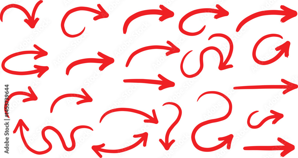 Aufkleber variety of red arrow illustrations in a hand-made style on the transparent background ai generative