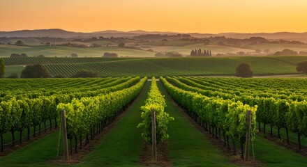 Fototapeta premium Serene Vineyard Landscape at Sunset: Rows of Lush Grapevines Extending Towards Distant Hills Under a Warm Golden Sky