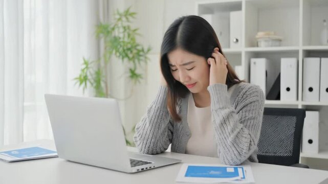 Young businesswoman crying in a sad mood on a laptop in the office