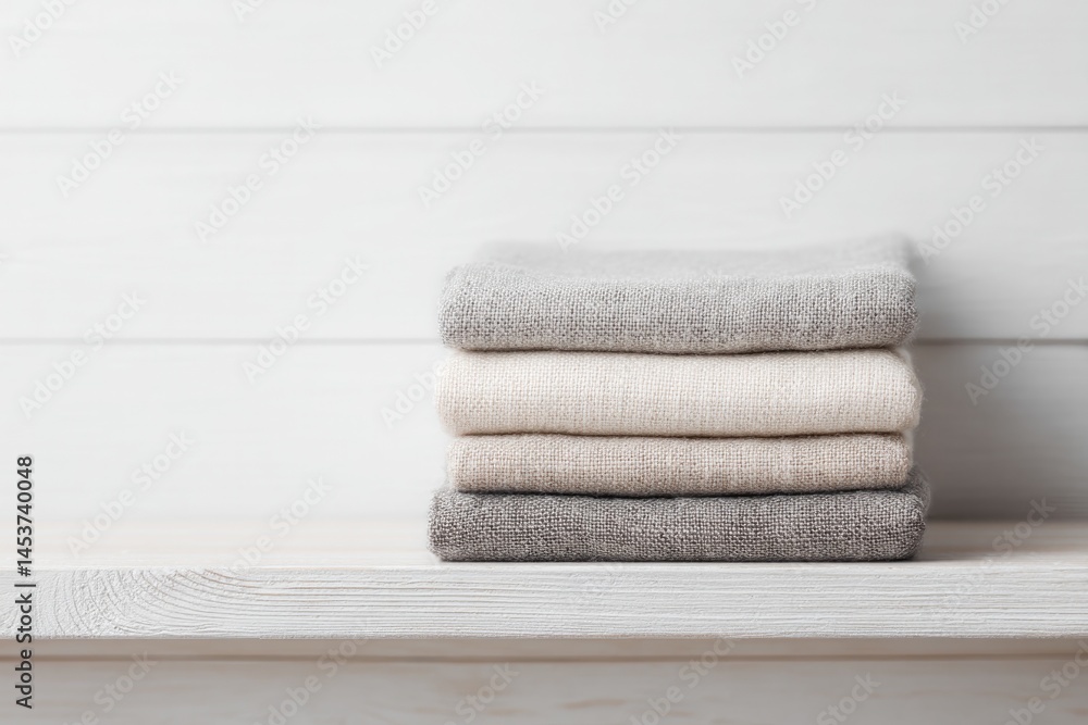 Poster neatly folded stack of fresh linen on white wooden shelf embodying cleanliness and simplicity