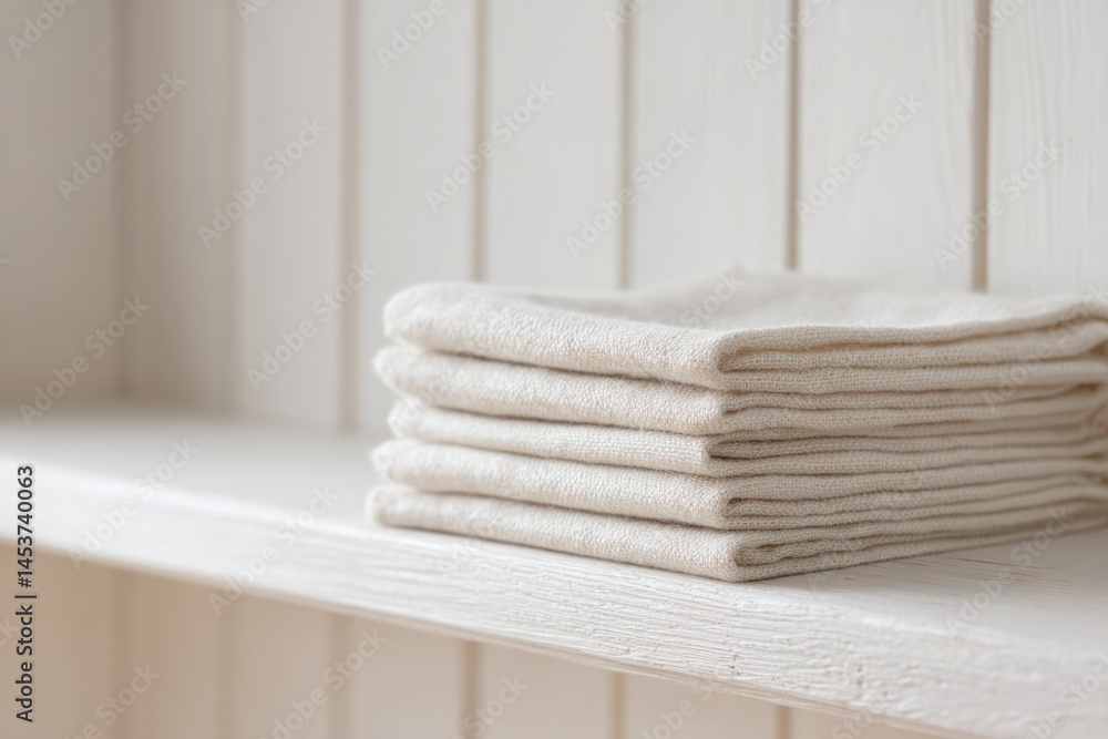 Poster neatly folded stack of fresh linen on white wooden shelf embodying cleanliness and simplicity