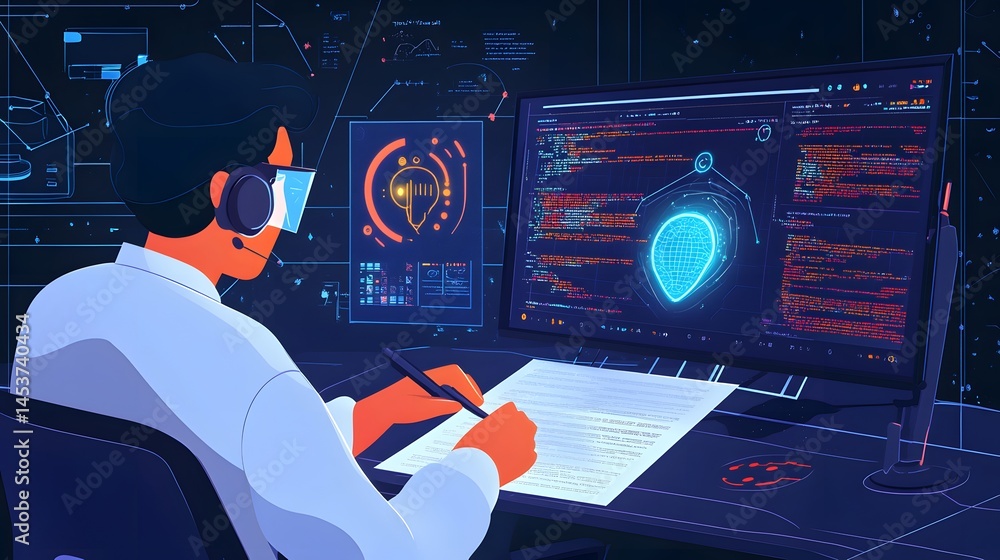 Poster a person engrossed in programming and data analysis.