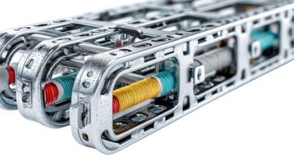 Machinery Precision: A close-up shot showcases the intricate detail of a mechanical structure featuring tubes with colored spools, presenting a clear view of the mechanical workings.
