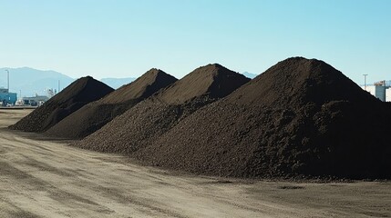 Piles of aggregate materials like sand, gravel, and asphalt in a heavy-duty industrial zone