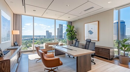 Spacious Modern Office with Panoramic Cityscape Views Brightly Lit by Natural Light Inspiring Productivity
