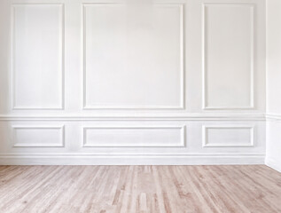 Naklejka premium White classic wall background, brown parquet floor, home furniture detail, frame and vase of plant.