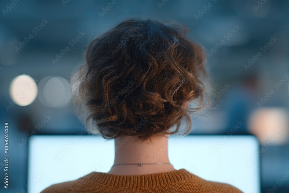 Poster person working remotely in minimalistic setting with modern devices large blank screen for text over