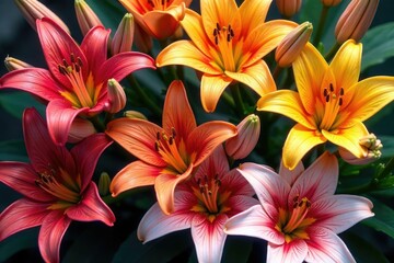 Fototapeta premium Bold stylized lilies, vibrant color, dense arrangement , bright, contemporary, overlay