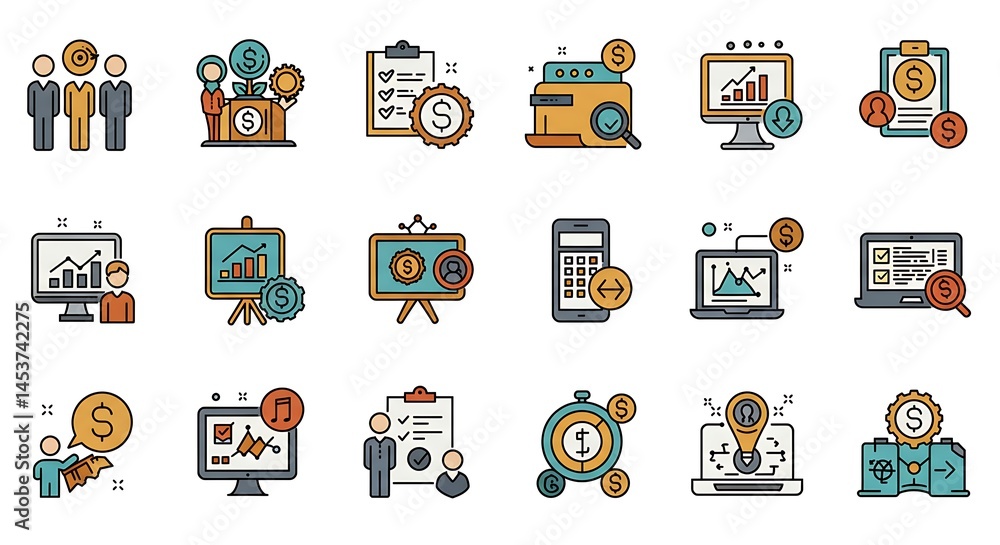 Fototapete a precise grid of ultra-smooth thin line art icons depicting business and technology concepts. each 