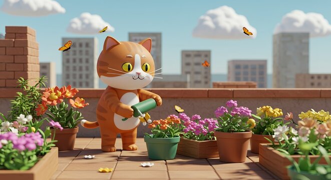 Pixel Art Style Orange Cat Watering Flowers in Rooftop Garden Overlooking a City with Butterflies and Cloudy Sky in Cartoon Animation
