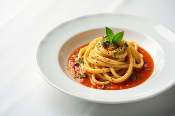Elegant pasta dish, sauce, herbs, white backdrop , gourmet, still life