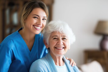 A nurse in blue scrubs and an elderly woman sit together in a cozy living room, both smiling and sharing a heartwarming moment of joy and companionship.