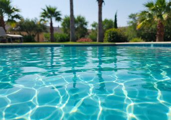 Fototapeta premium View of swimming pool with light reflections and palm trees in the background