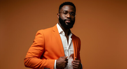 Confident Black Man in Orange Suit Posing on Brown Background Fashionable Male Model Studio Shot