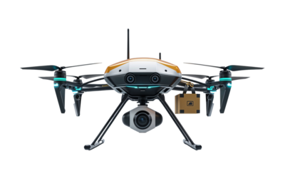 Futuristic Delivery Drone with Package, Isolated on Transparent Background for Innovation and Technology