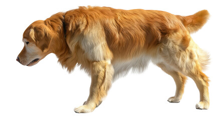 Golden retriever walking on a clear background, showcasing its fur and posture