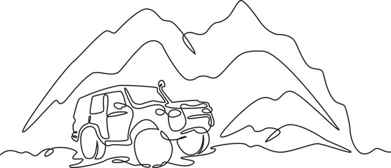 Continuous one line drawing SUV in nature. High mountains. Car trip. One continuous line isolated minimal illustration. Editable Stroke. © Hanan