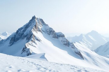 Snow-covered mountain peak, bright white backdrop , scenic, clean