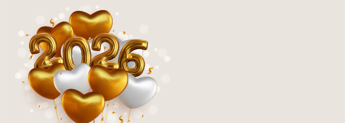 Happy New Year 2026 with realistic gold and white balloons. This backdrop includes the 2026 number symbol in a metallic look and hanging helium balloons, as well as sparkling gold confetti.