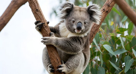 Fluffy Koala Clinging Playfully to Eucalyptus Branch with Sparkling Eyes in Natural Habitat and Dappled Light with Gray and White Fur Ideal for Clip Art or Koala Day Design