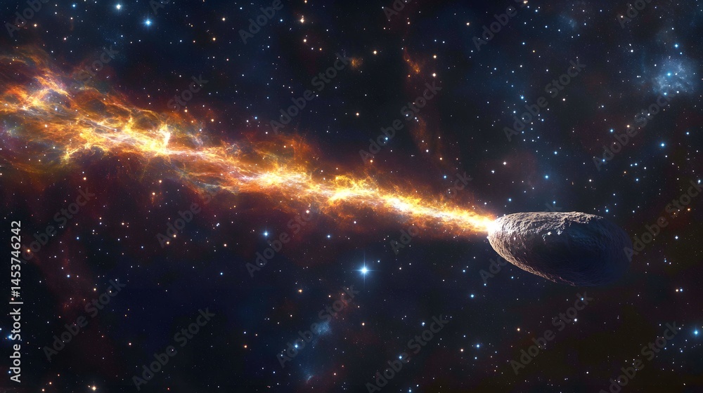Poster fiery cosmic object traversing a starlit expanse.