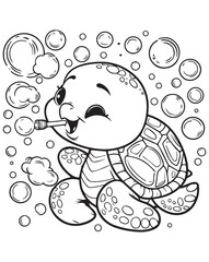 Coloring book baby turtle blowing bubbles with a straw. A cute and whimsical underwater moment.