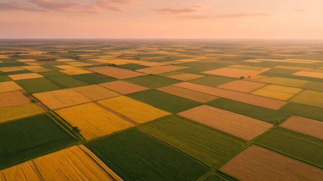 Aerial View of Expansive Patchwork of Colorful Agricultural Fields