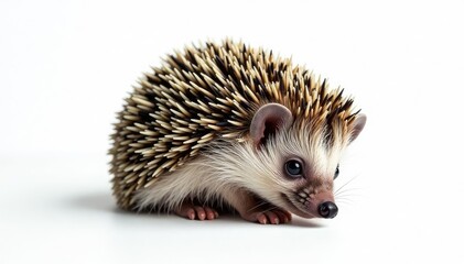Obraz premium Tiny hedgehog, curled in ball, isolated on white background, cute animal, hedgehog