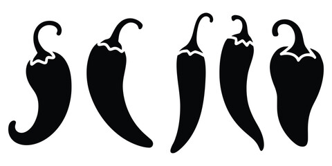 Set of hot chili pepper silhouettes, black and white chili silhouette vector on white background, Hot jalapeño pepper, a burning vegetable for decoration, design, menus, labels, covers