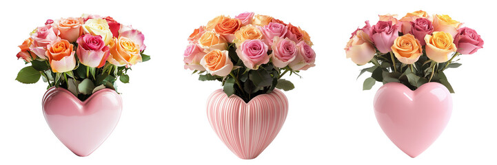 Set of Minimalist stock photo showing a modern vase of pink roses on a table and a person presenting a heart in their hands on transparent png background. Ai generated