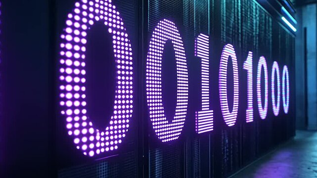 Neon digital display showing binary code in a futuristic urban setting with vibrant lighting