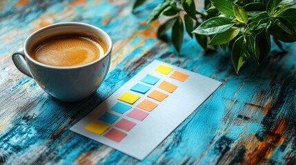 Business Plan Template on Desk with Coffee and Sticky Notes