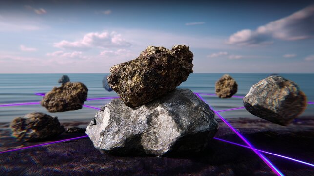 Low-Res Terrain Glitching Over Abyss with Floating Rocks and Neon Trails