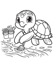 Coloring book kawaii turtle sweeping the floor with a small broom. A cute cleaning scene