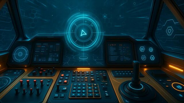 Futuristic Cockpit Control Panel with Holographic Interface Representing Sci Fi Navigation and Advanced Piloting Technology

