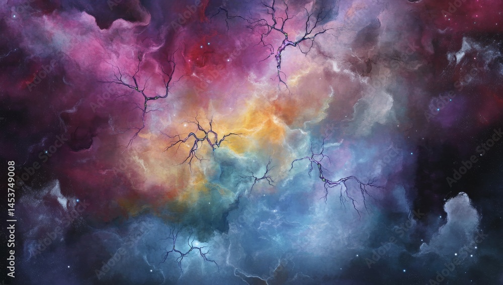 Poster neural network and digital brain with glowing connections in space
