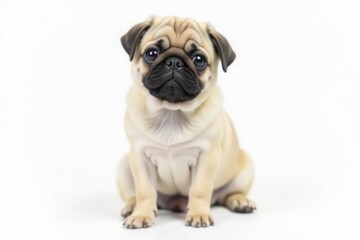Adorable pug dog sitting, isolated on white background, cute, animal photography, cute dog