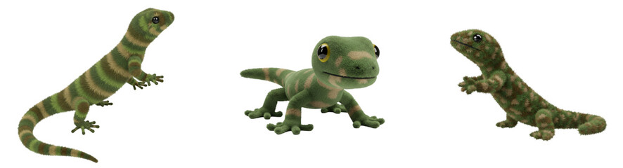 Fototapeta premium 3D Three plush lizards with varied patterns and poses against a plain studio style setting view on transparent background