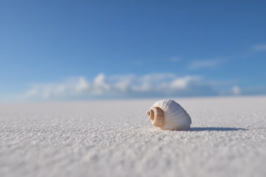 single shell laying on pristine white sand whispers quiet arrival of summer start