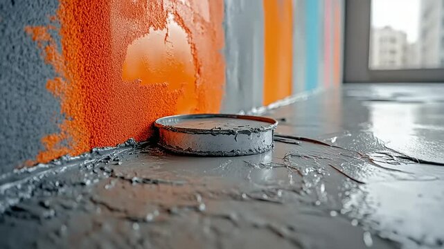 Grey mortar on floor, near colorful wall